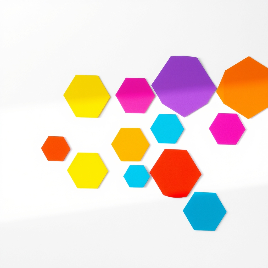 Colorful geometric shapes on white background, soft lighting, minimalist composition.