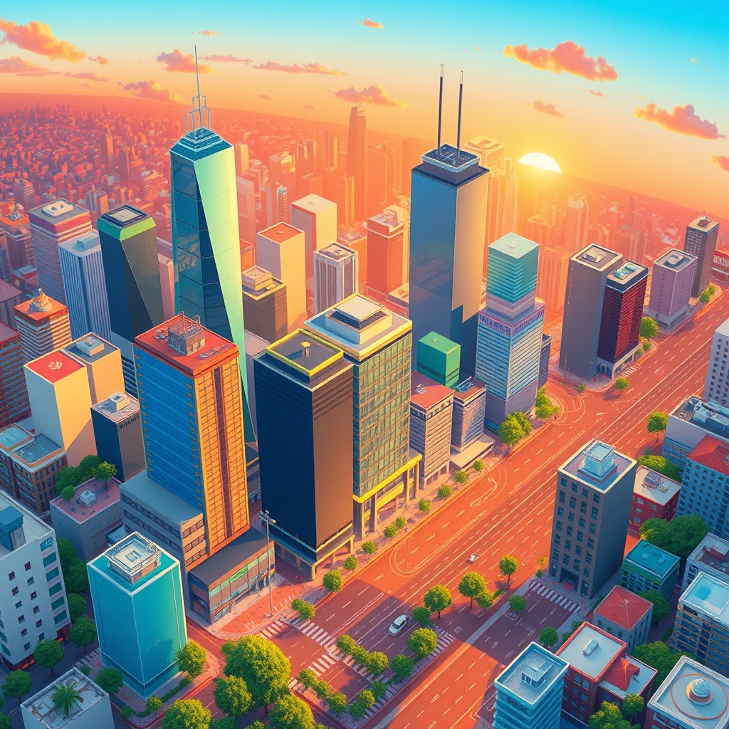 Colorful isometric cityscape with skyscrapers and streets at sunset