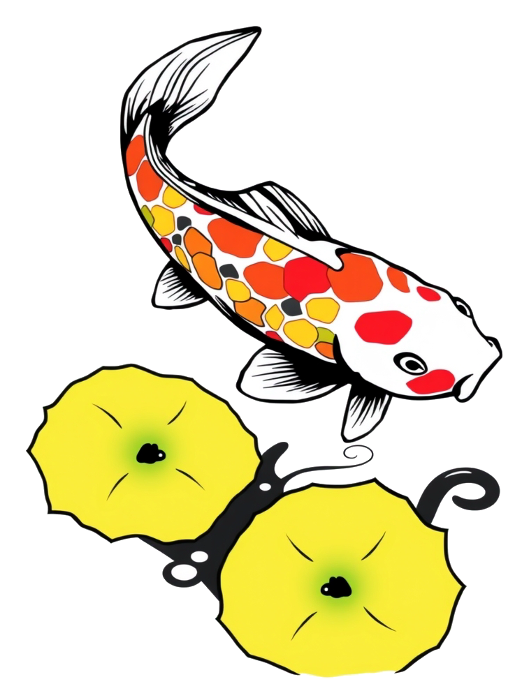 Colorful koi fish swimming in a serene pond with lily pads