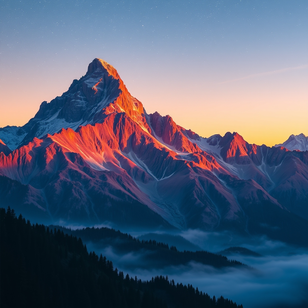 Colorful mountain range at sunset with misty valleys