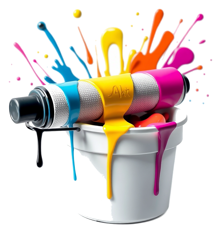 Close-up of a paint roller with colorful drips on a white background.