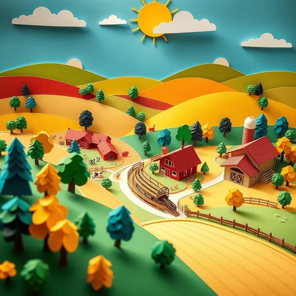 Colorful paper craft farm scene with rolling hills and sunshine. Aerial view of farm with paper trees.