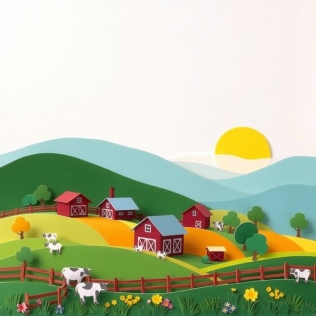 A colorful paper craft farm scene with rolling hills and sunshine