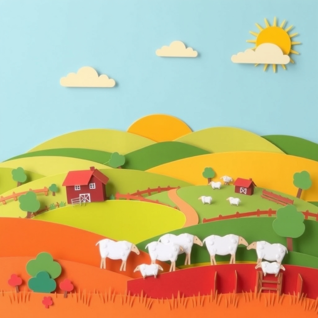 Colorful Paper Craft Farm Scene with Sheep Grazing