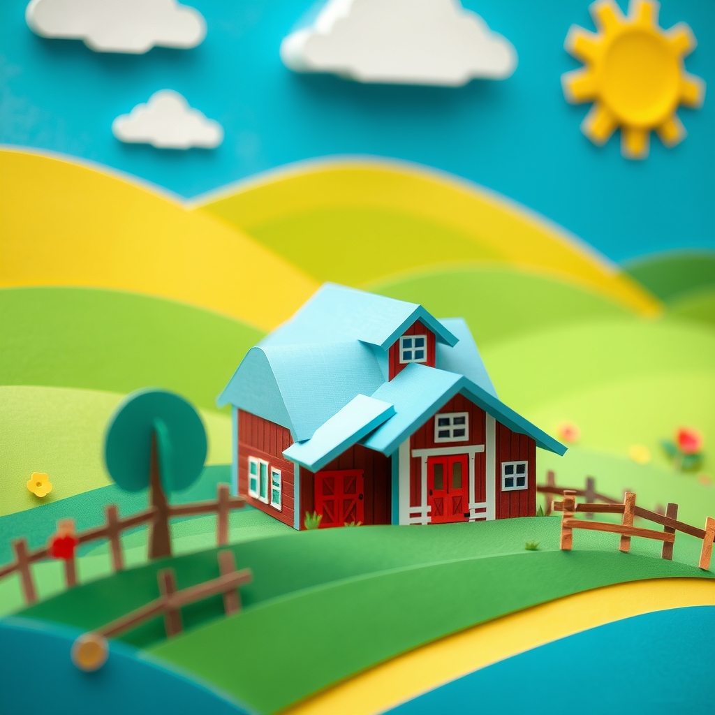 Colorful Paper Craft Farmhouse with Rolling Hills and Sunshine