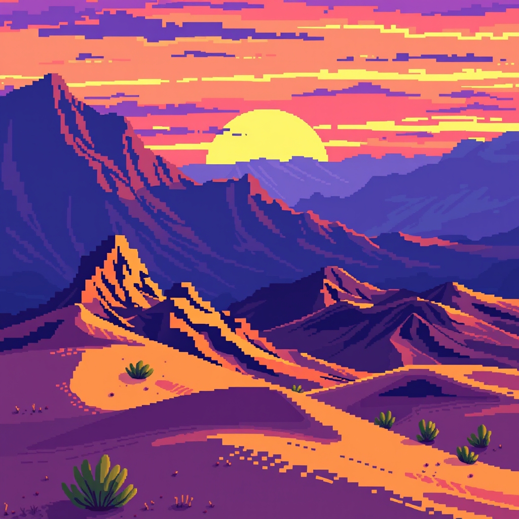 Pixel Art Desert Landscape at Sunset
