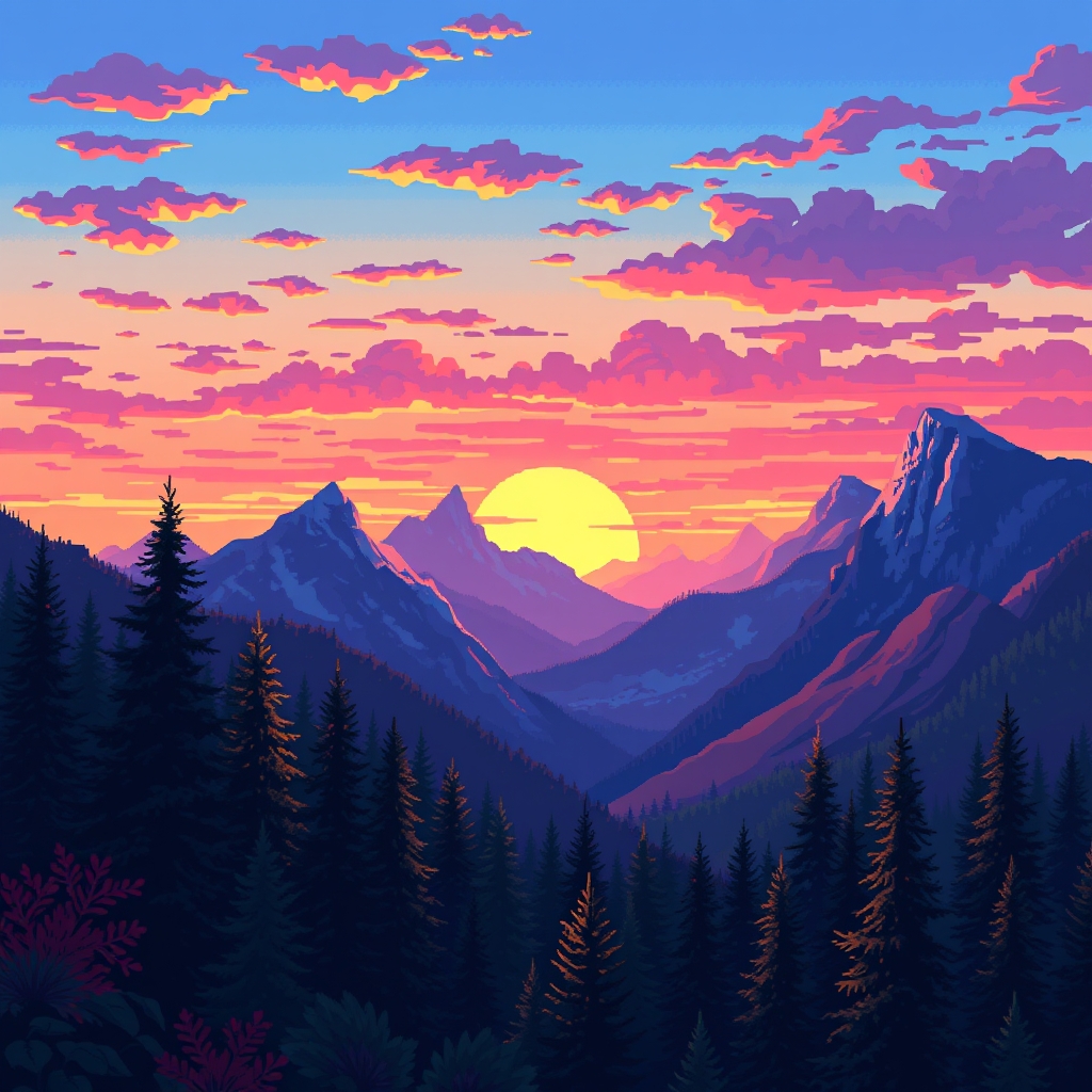Colorful pixel art mountains at sunset
