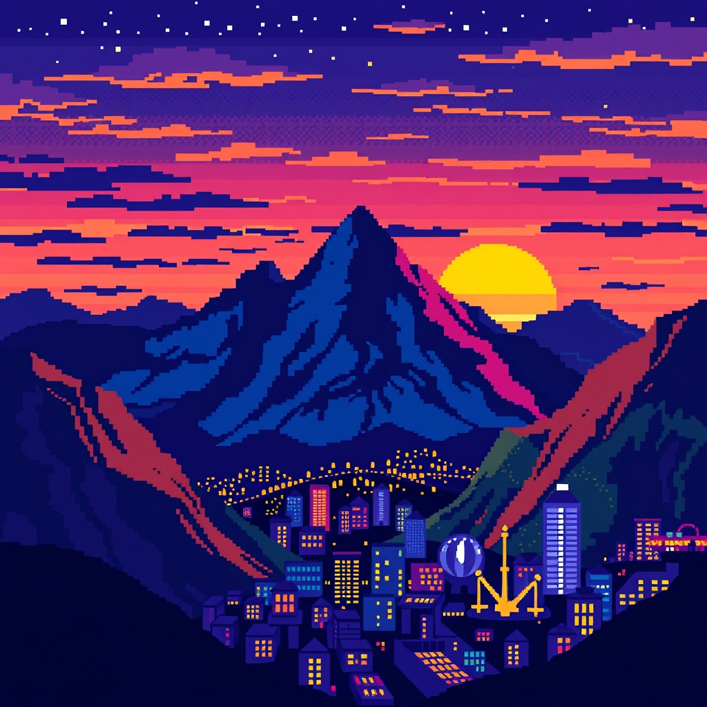 Colorful pixel art mountains at sunset with a nighttime cityscape in the background.