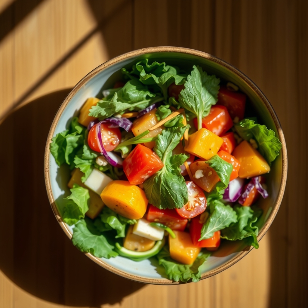 A colorful salad in a bowl, captured from above with natural light and a minimalist style.