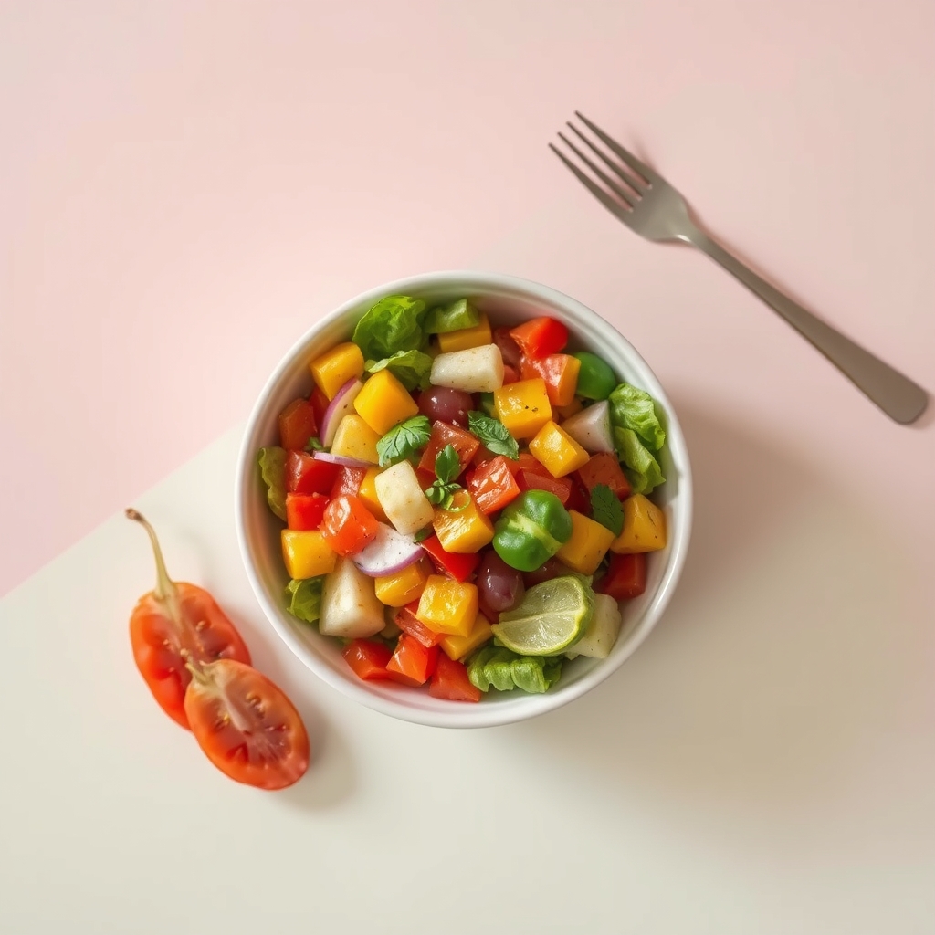 白いボウルに入った色とりどりの野菜とフルーツのサラダ
