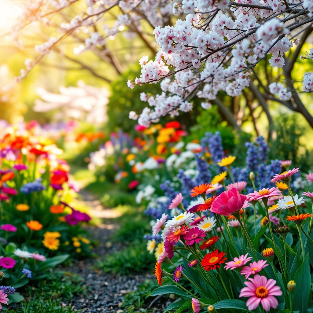 Colorful spring flowers in a lush garden with warm sunlight