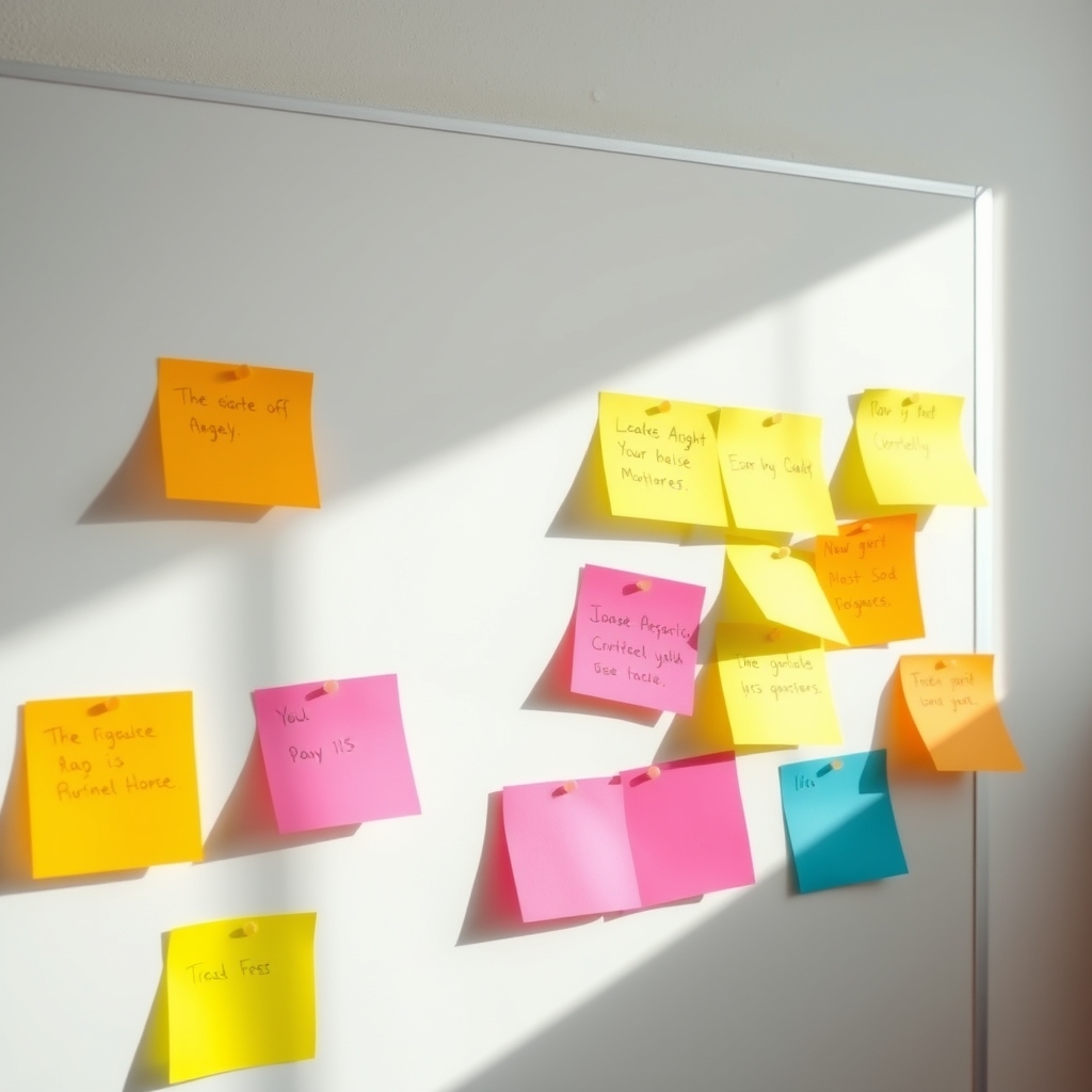 A whiteboard with colorful sticky notes, natural light, simple composition, minimalistic style