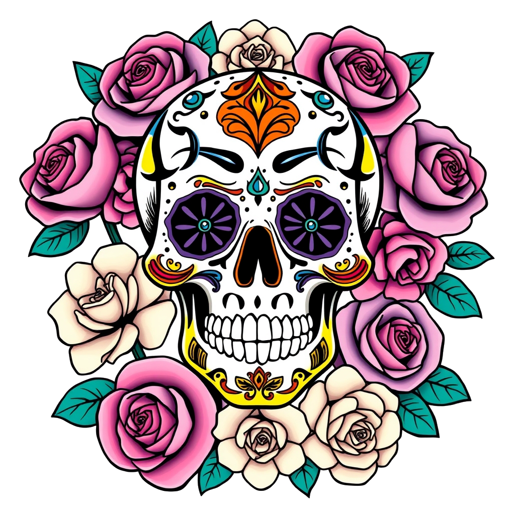 A colorful sugar skull surrounded by a garden of roses, with bold black ink line art and clean outlines.