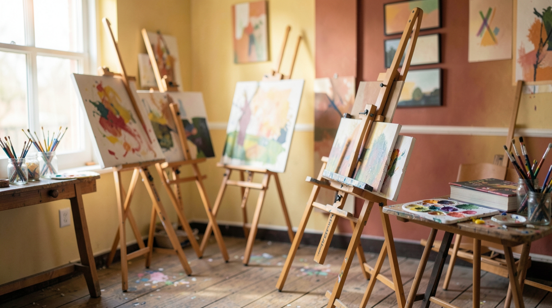 Cozy Art Studio with Warm Colors and Creative Composition, featuring natural light and easels.