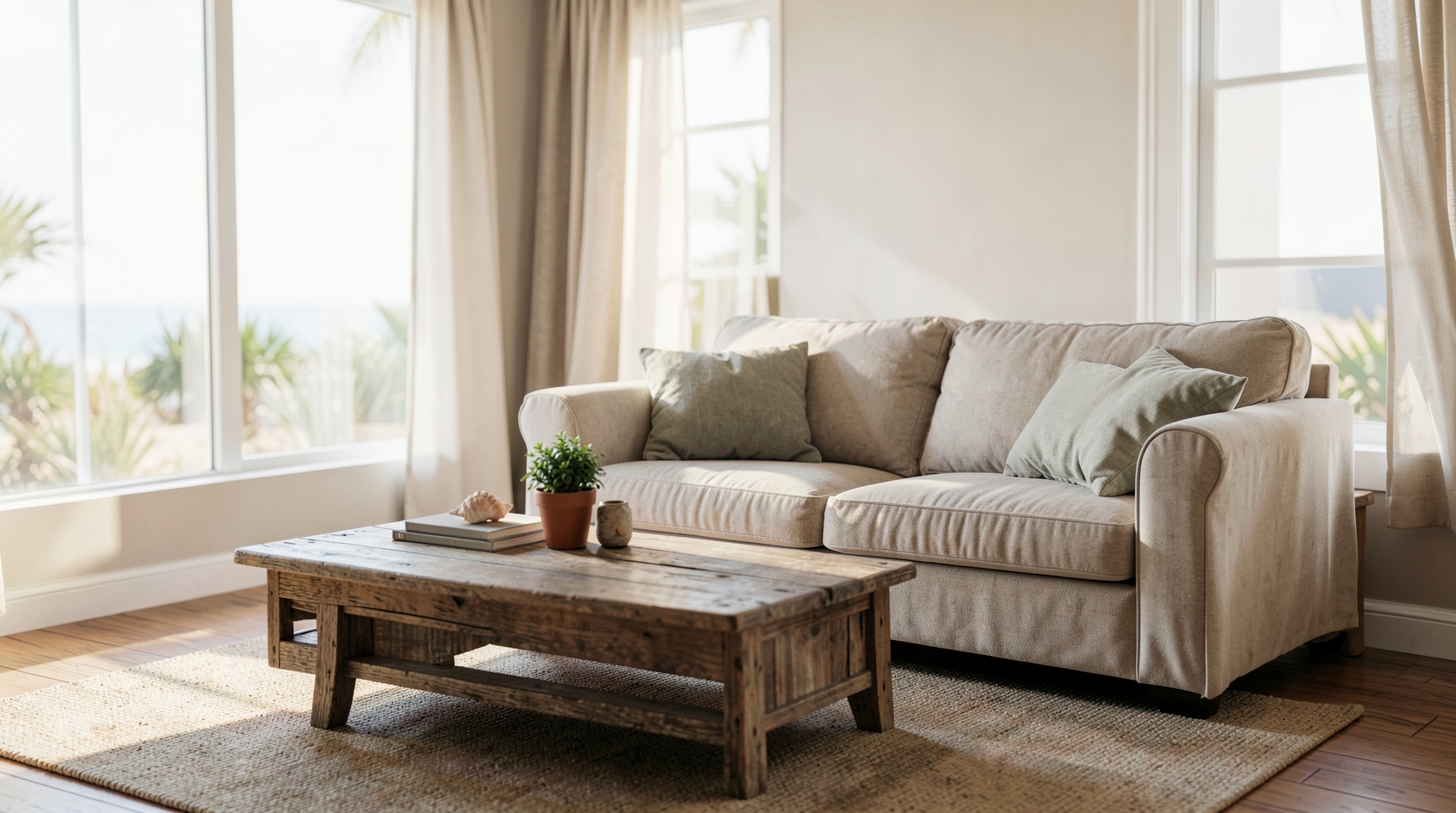 Cozy beach house living room with sofa
