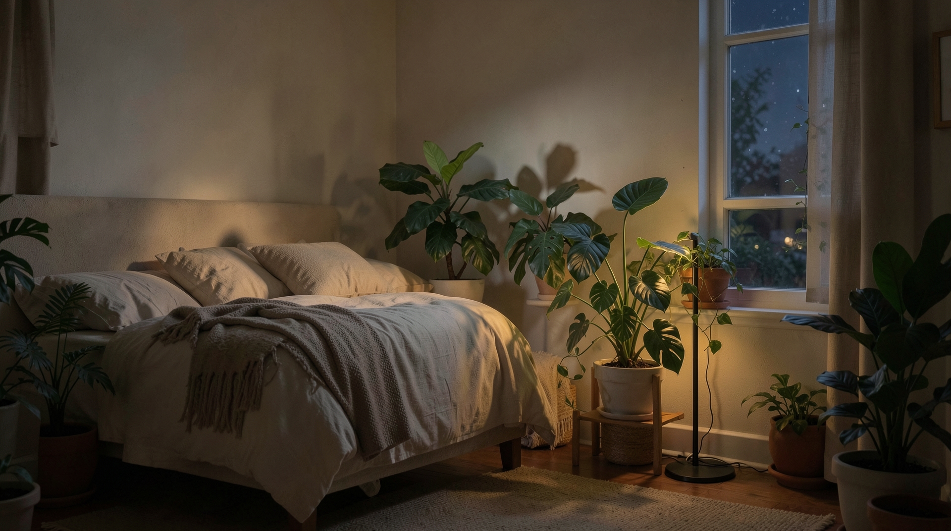 Cozy bedroom with plants at night