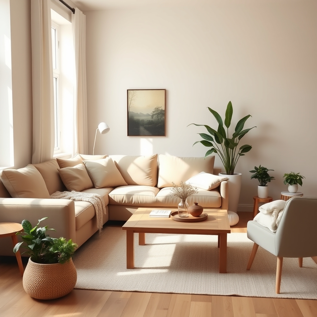 A cozy Scandinavian living room with a beige sofa, wooden coffee table, and plants, illuminated by soft natural light.