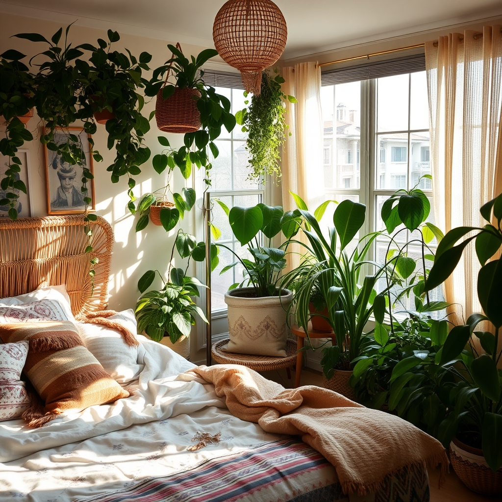 A bohemian bedroom with lush plants and a comfy reading nook, bathed in bright daylight.