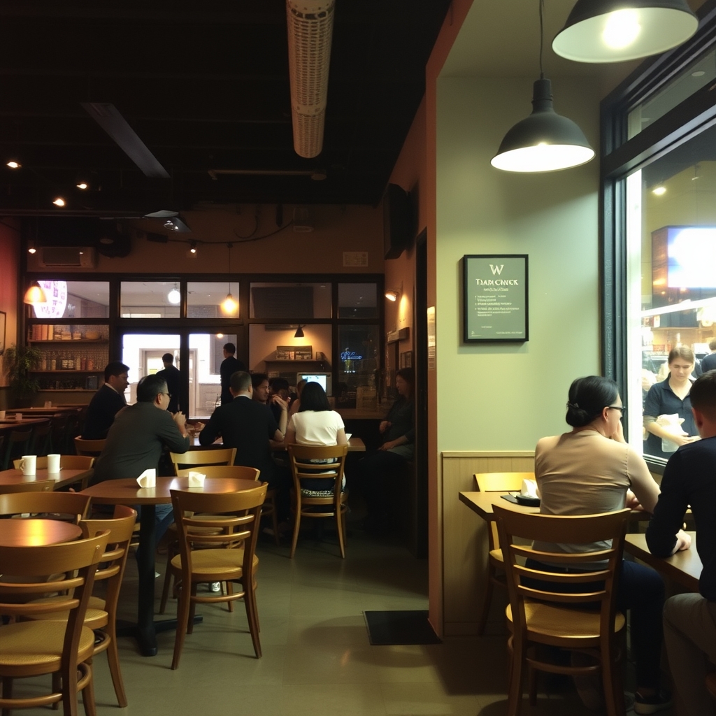 Cozy Cafe Interior with Wooden Tables at Night