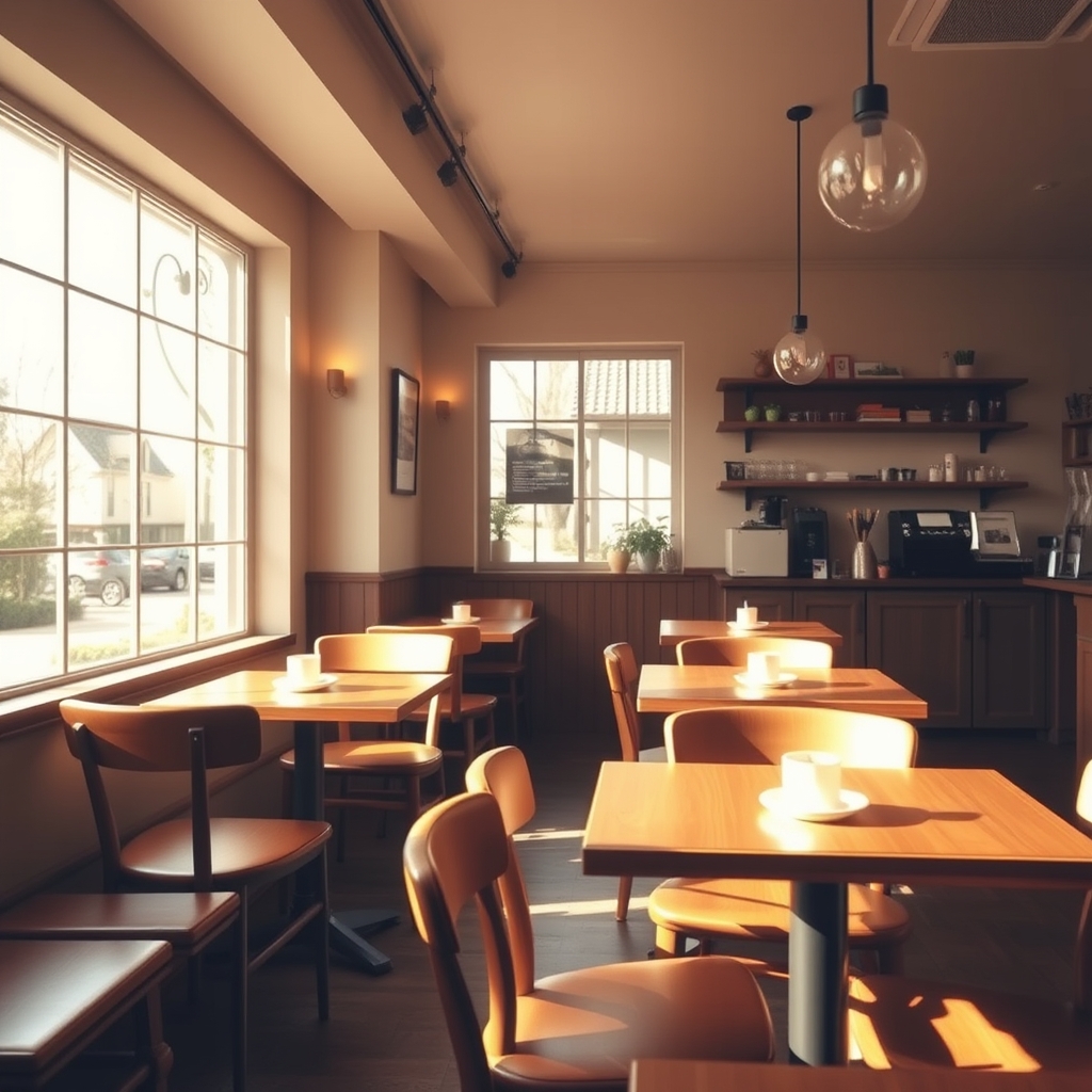 Cozy Cafe Interior with Morning Light and Wooden Furniture.