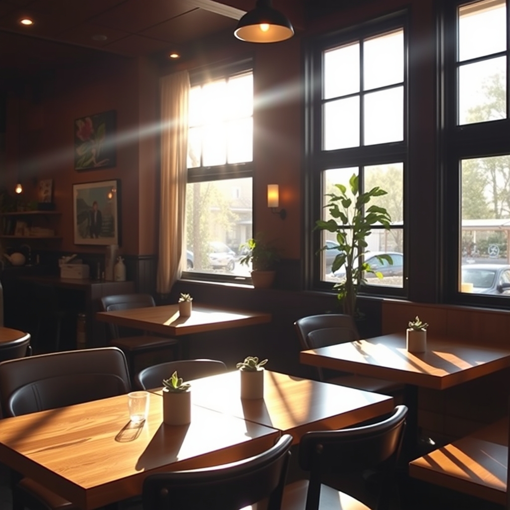 Cozy cafe interior with warm lighting