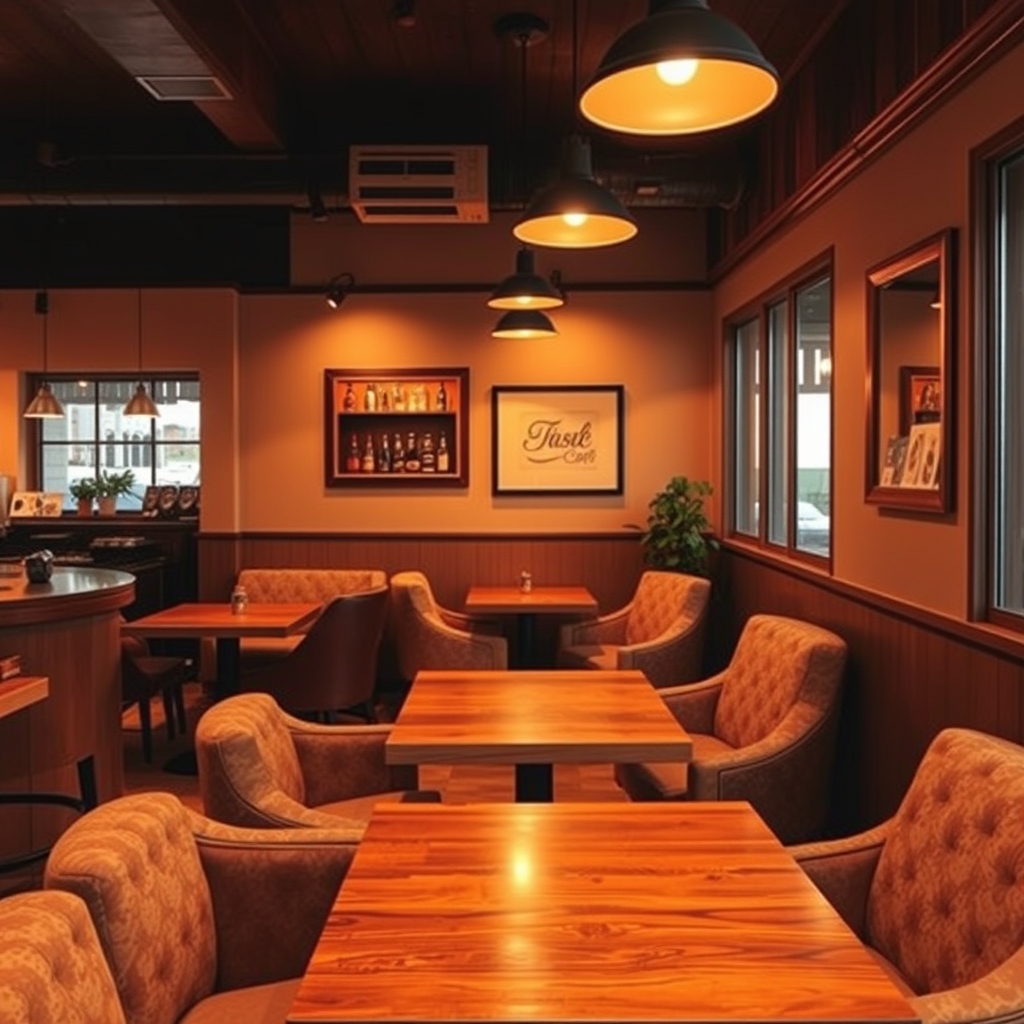 Cozy Cafe Interior with Warm Lighting and Plush Armchairs