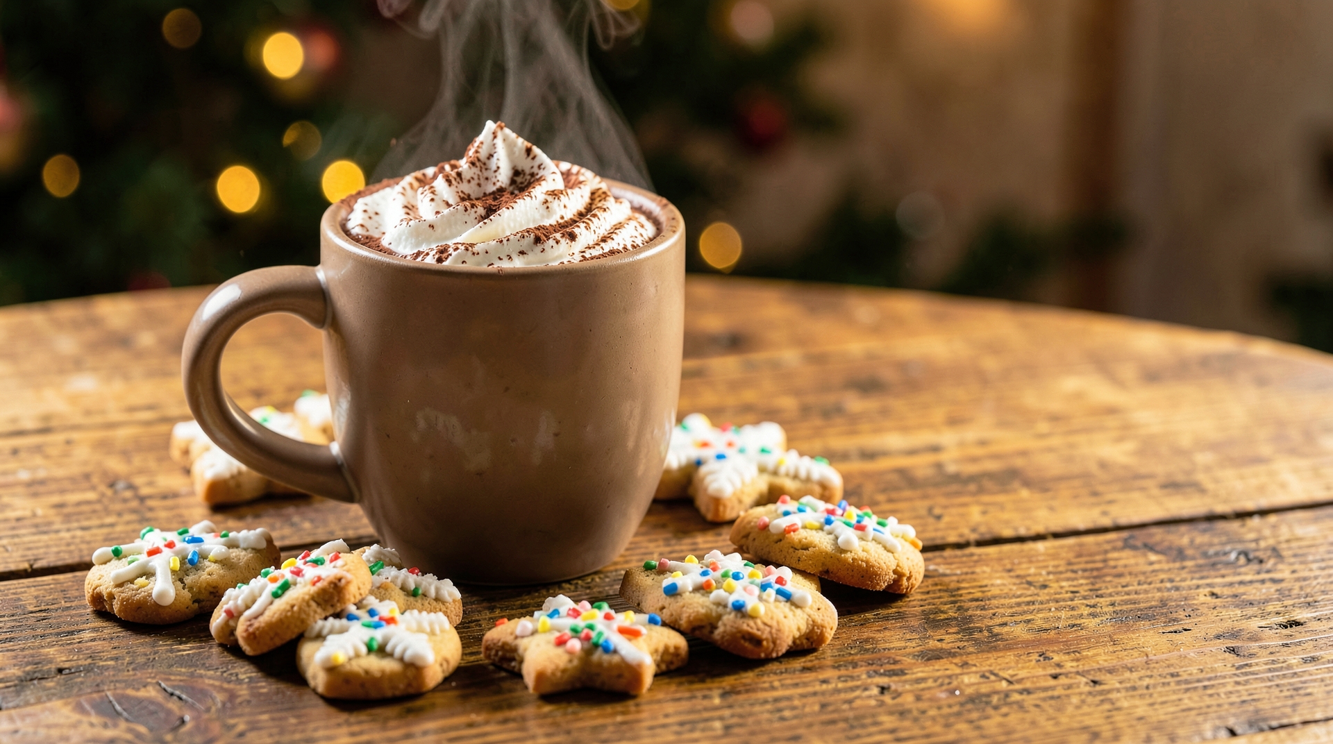 Cozy Christmas Cocoa and Cookies: Hot Cocoa with Whipped Cream and Sprinkles, Christmas Cookies with White Frosting and Sprinkles, Wooden Table, Festi