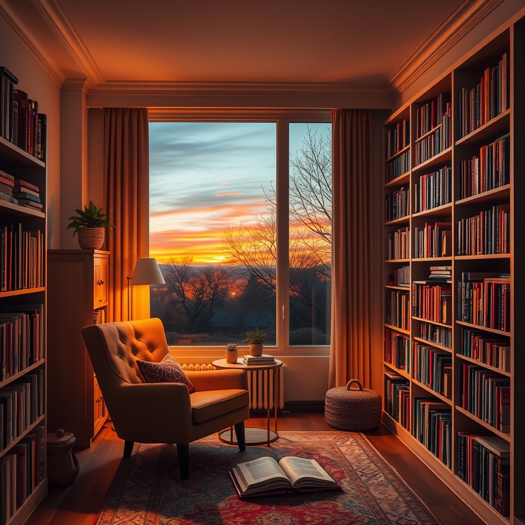 Cozy Home Library at Sunset: A warm and inviting reading nook with an armchair, bookshelves, and a sunset view.