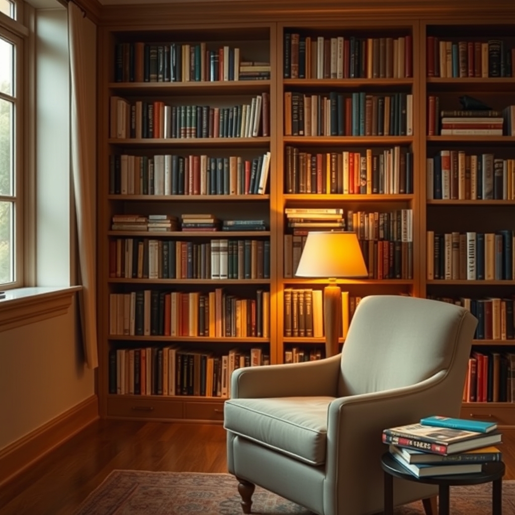 A peaceful home library with an armchair and warm lighting.