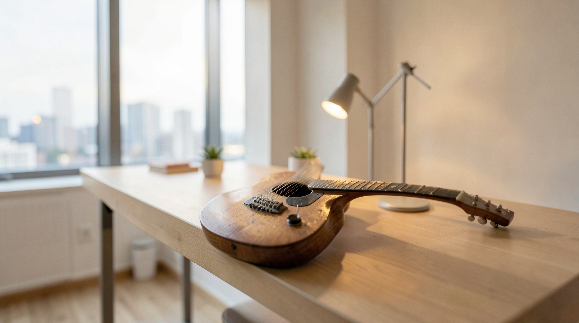 Cozy Home Studio with Guitar and City View