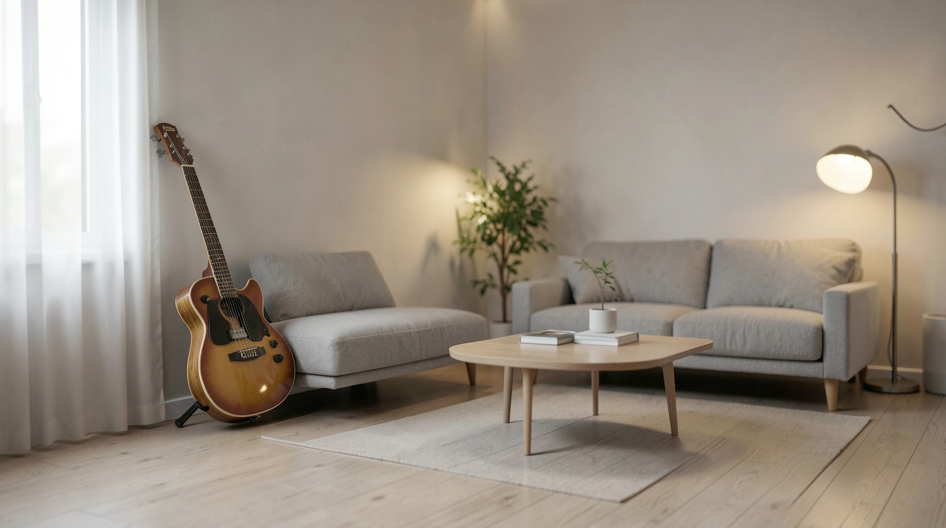 A cozy home studio with a guitar in the corner, soft lighting, and minimalist decor.