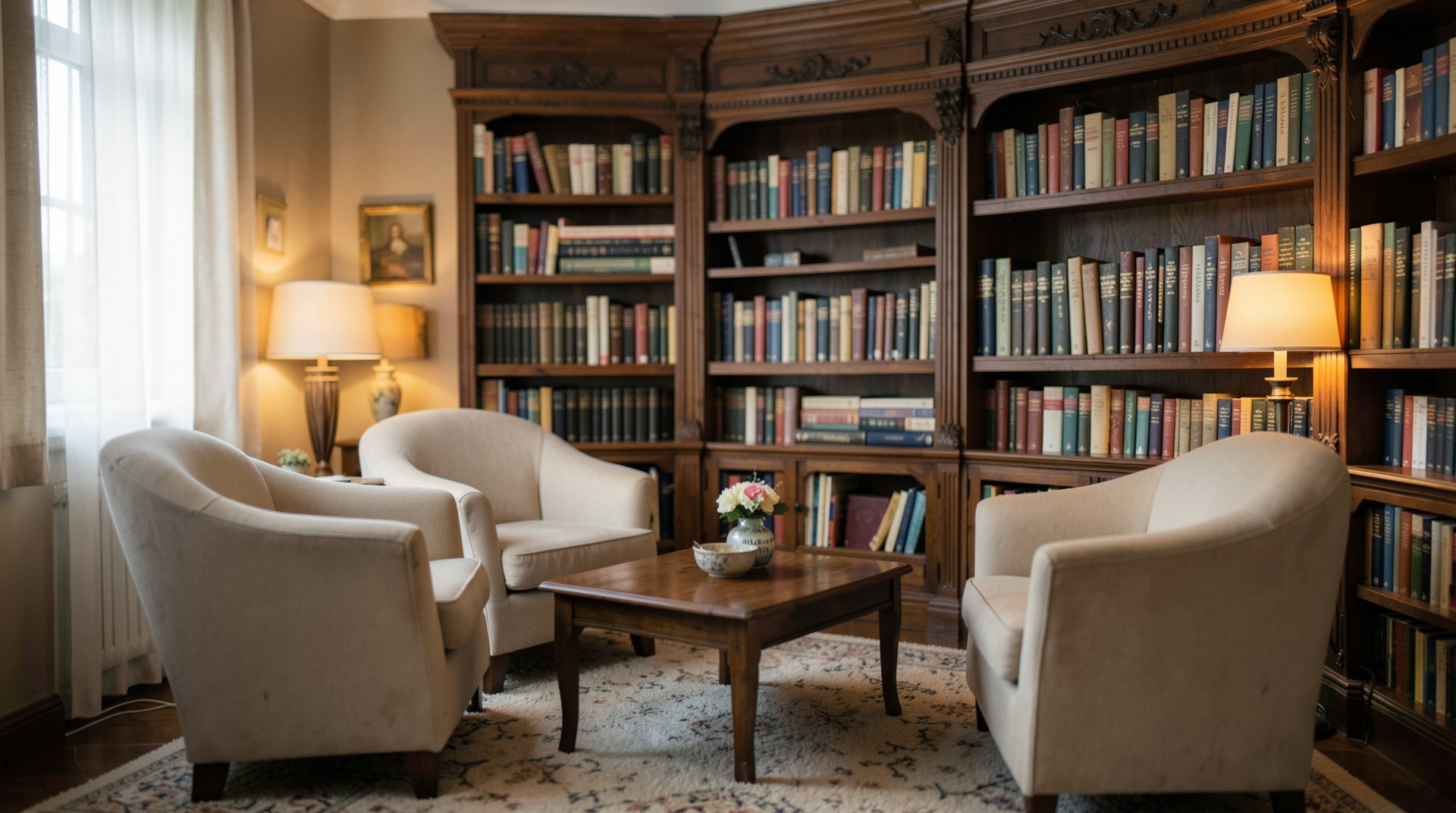 A cozy library reading room with warm lighting and comfortable seating.