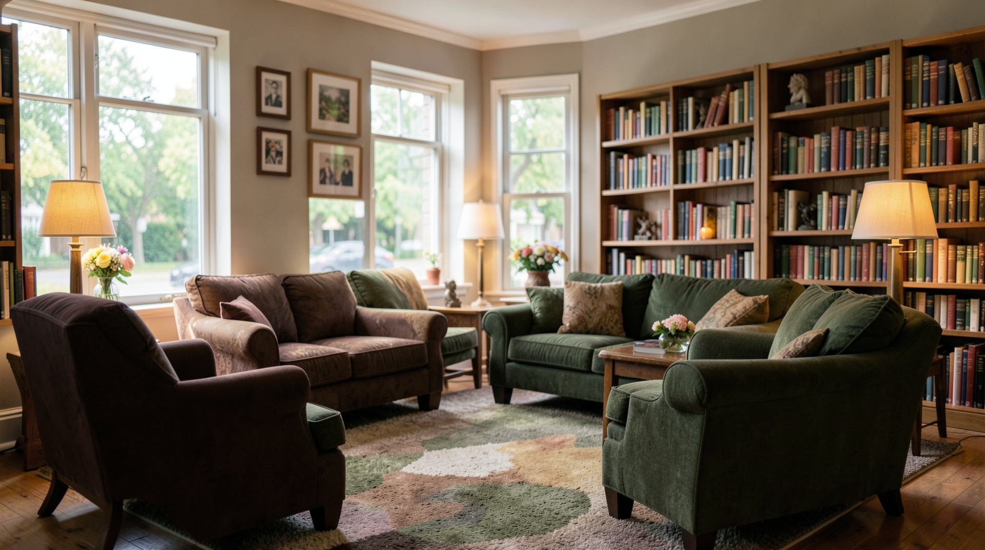 Cozy library reading room with warm lighting and comfortable seating