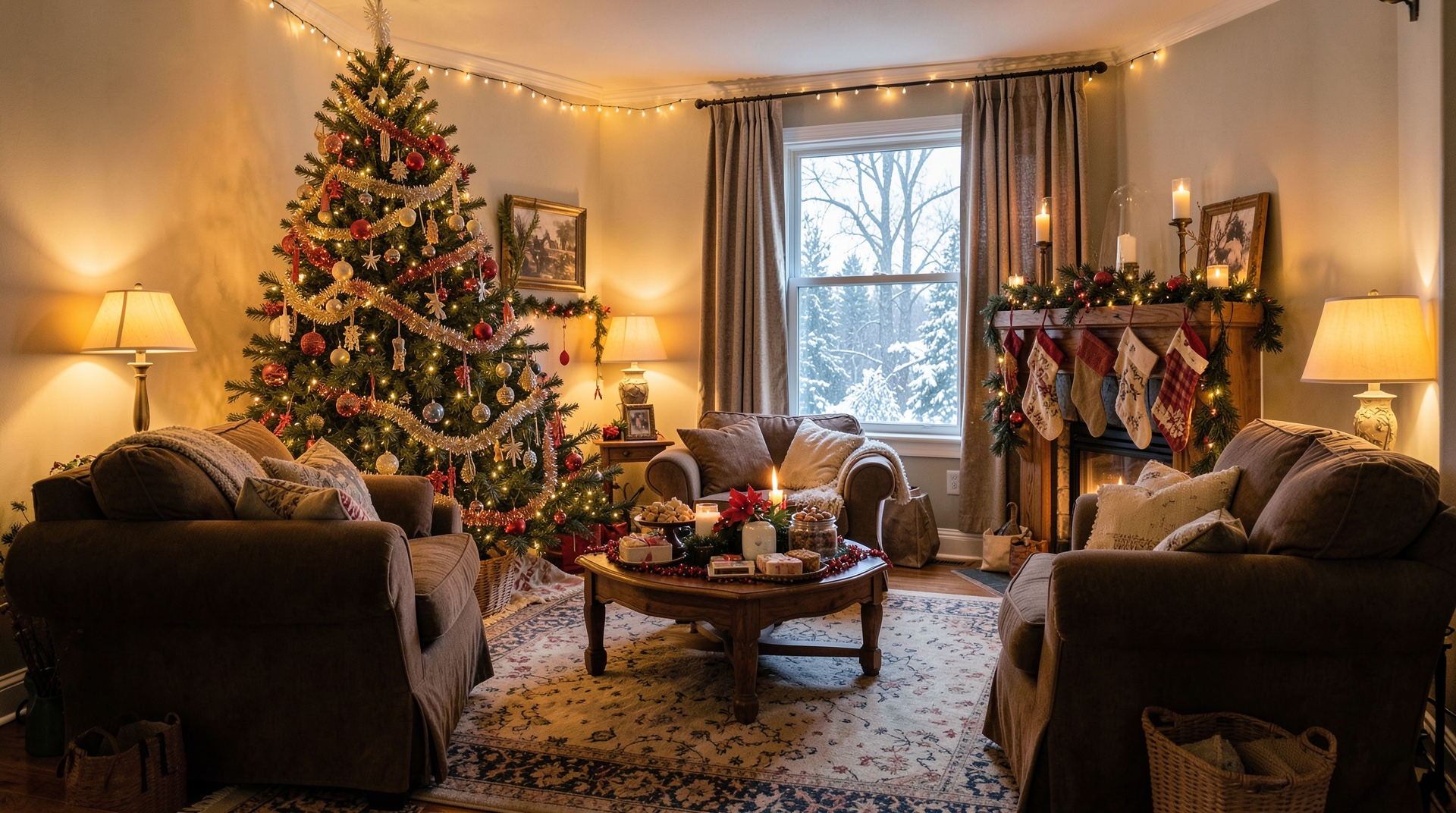 A cozy living room with a Christmas tree, fireplace, and snowy view