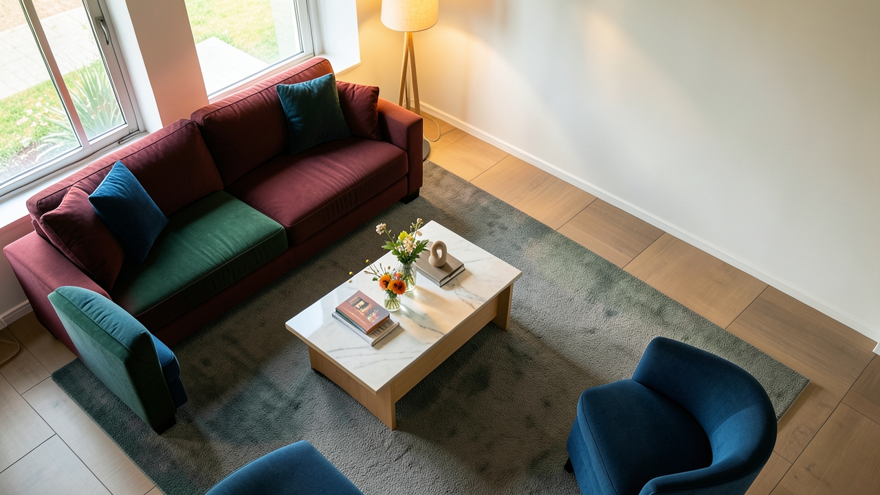 Aerial View of a Cozy Living Room with Vibrant Furniture and Soft Lighting