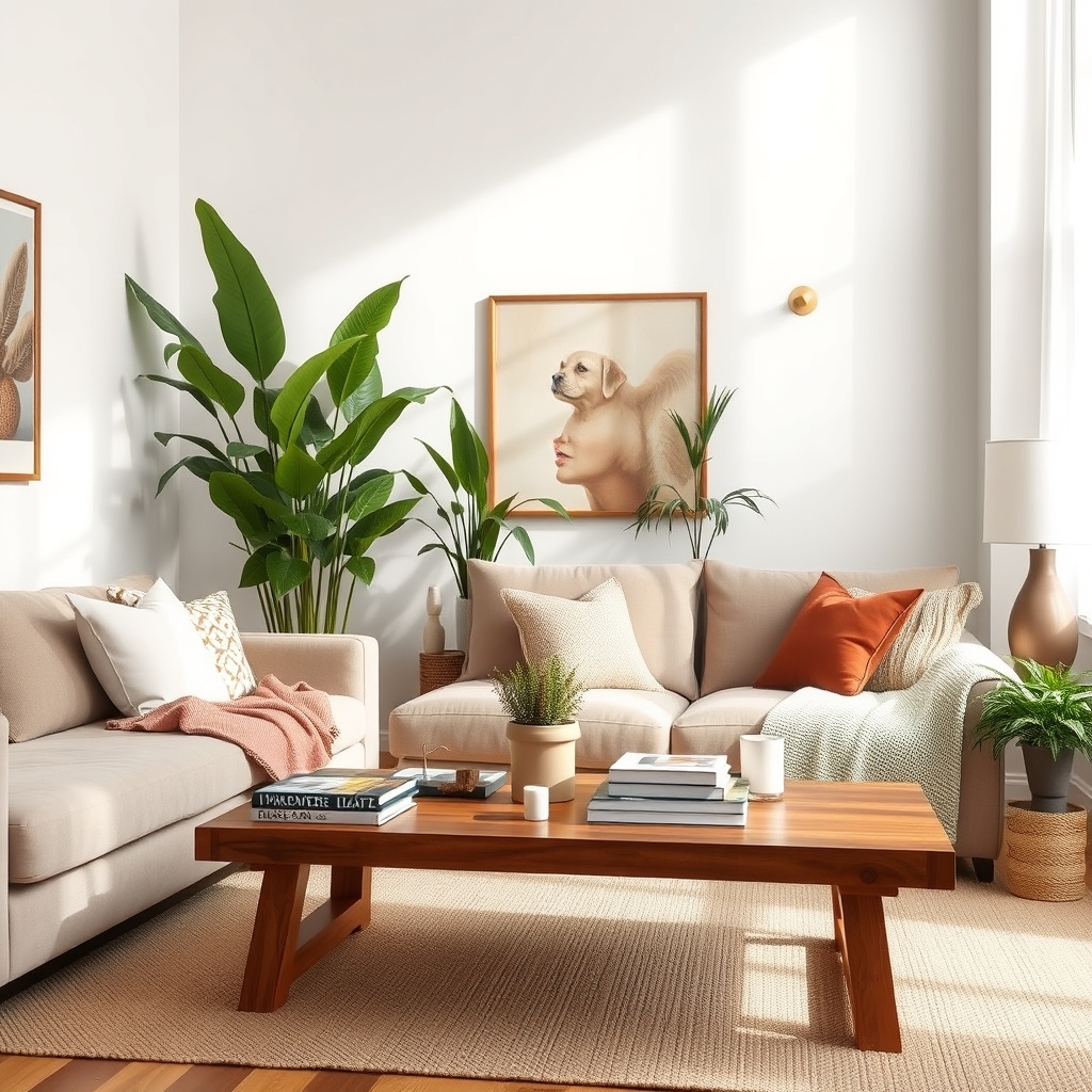 Cozy Living Room with Warm Colors and Soft Lighting.