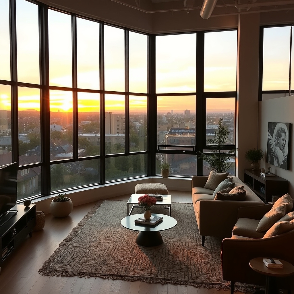 A modern loft apartment with large windows and minimalist decor, bathed in the warm glow of a sunset.