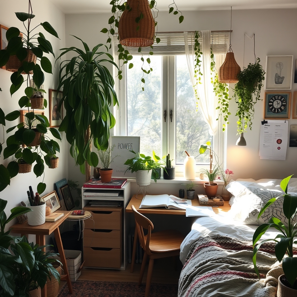 A cozy bohemian bedroom with lush plants and bright daylight, featuring a cluttered desk in the morning light.