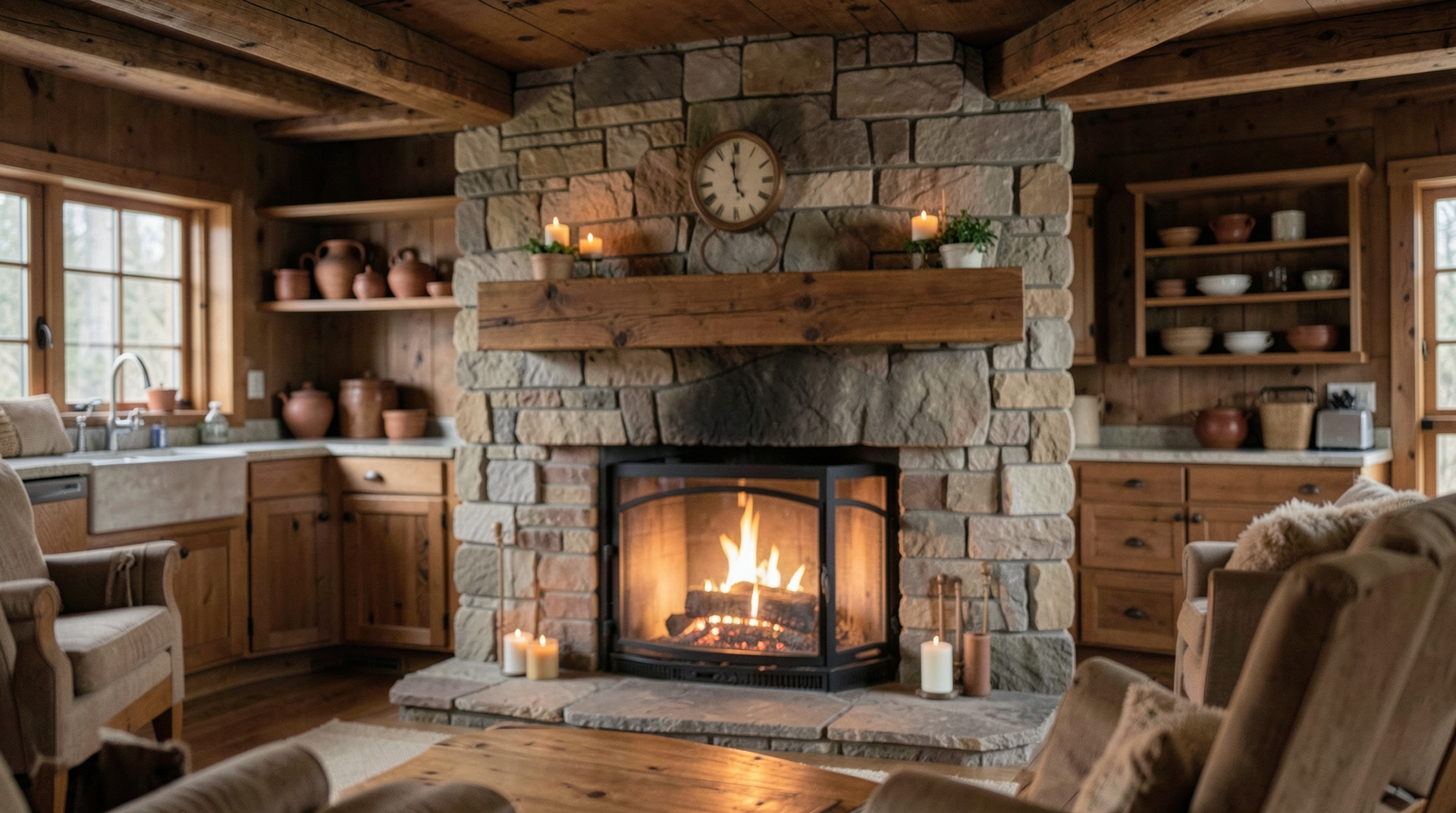 Cozy mountain cabin interior with fireplace