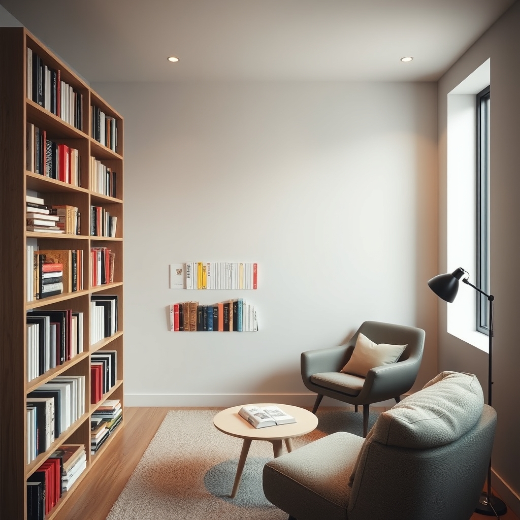A cozy reading nook with a bookshelf and warm lighting, perfect for relaxation and reading.