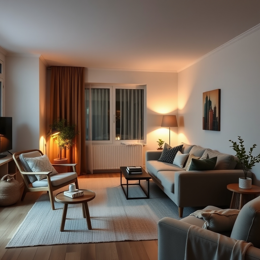 A warm and inviting Scandinavian living room with a cozy reading nook, illuminated by soft lighting.