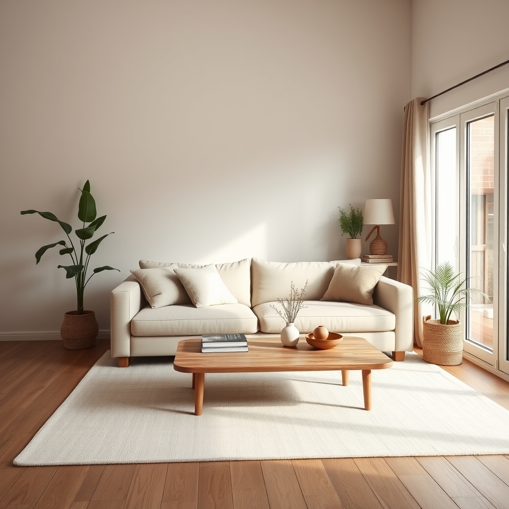 Scandinavian living room with beige sofa and wooden coffee table