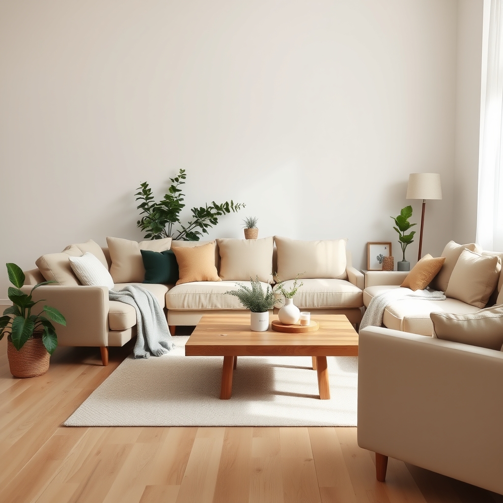 Cozy Scandinavian Living Room with Beige Sofa and Wooden Coffee Table