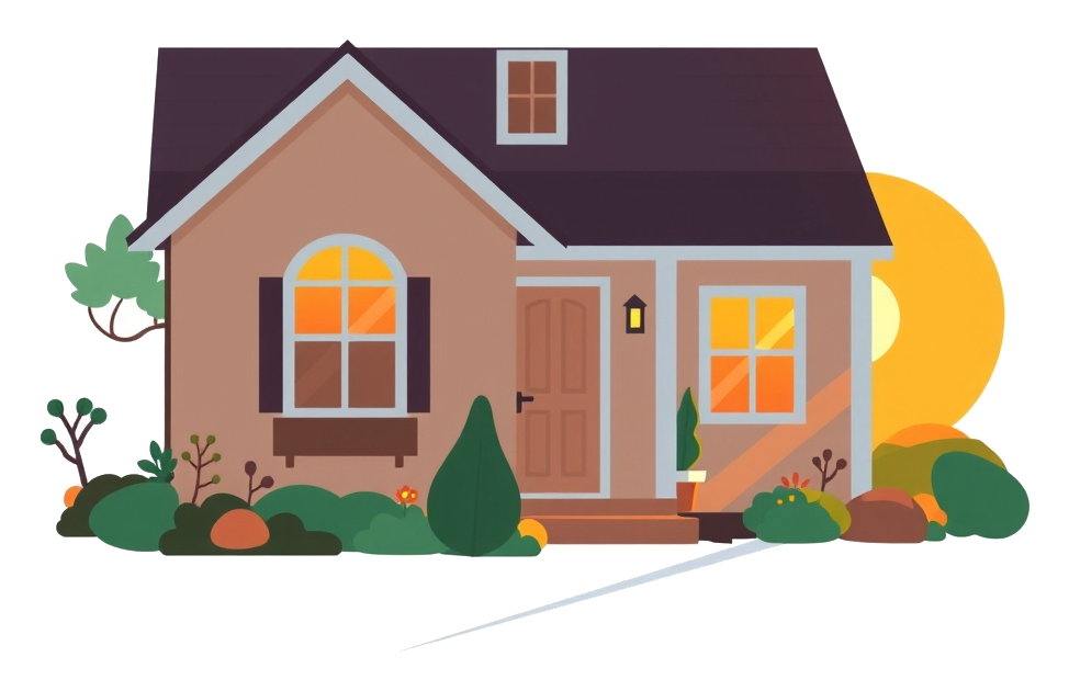 A flat vector pictogram icon of a cozy suburban house with a garden, warm lighting, and inviting composition.