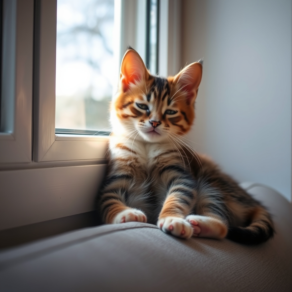 A cute kitten is sleeping on a windowsill with soft natural light.