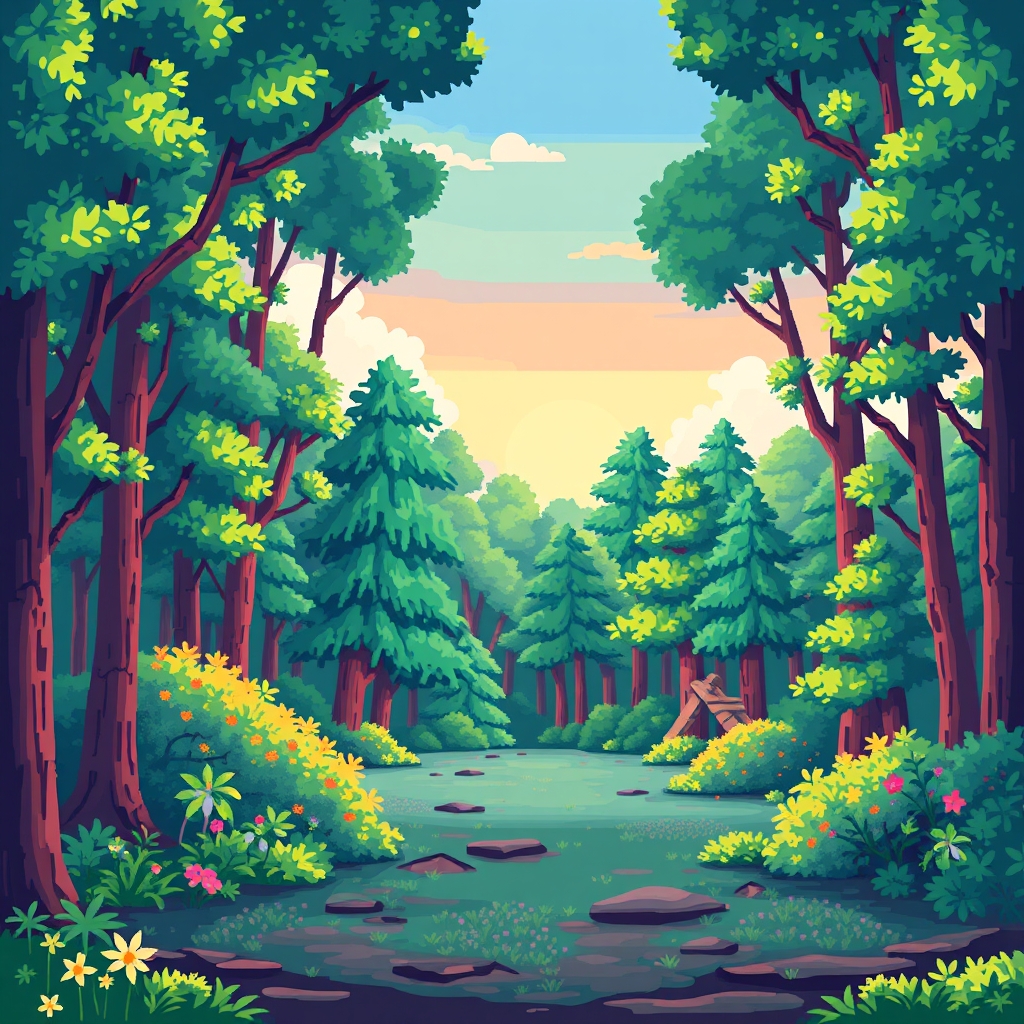 Colorful Pixel Art Forest Scene with Bright Lighting