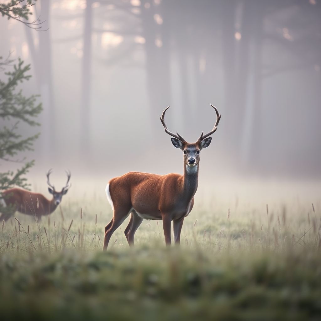 Deer in a misty meadow at dawn