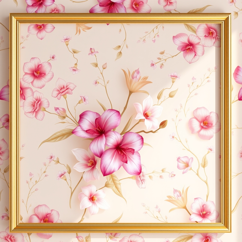 Delicate Floral Pattern in Pastel Colors with Exotic Flowers in a Golden Frame