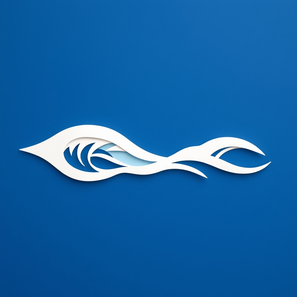 Delicate paper cut layered waves in white on blue background