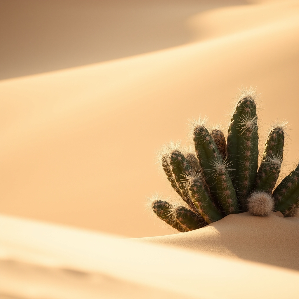 Desert Sand Dunes in Warm Light, Close-up of Cactus in Shade